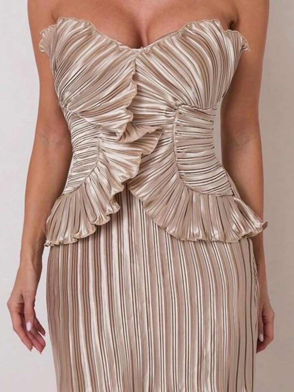 Cult Gaia Inspired Pleated Strapless Mini Dress Size Large Champagne - Picture 2 of 6